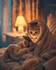 Кот смотрит в смартфон ночью - картинка gif