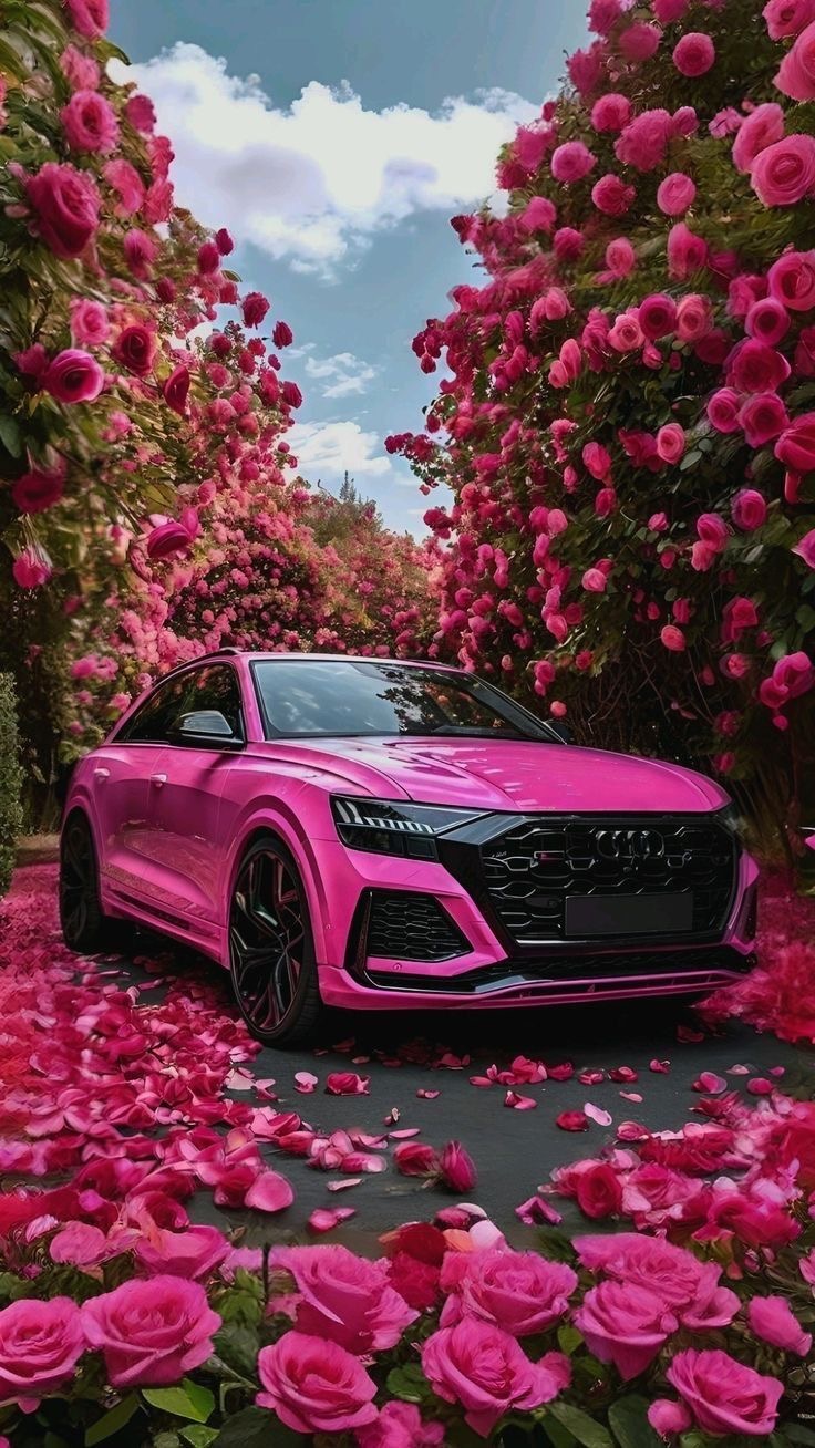 Розовый Audi среди роз - гифки и картинки