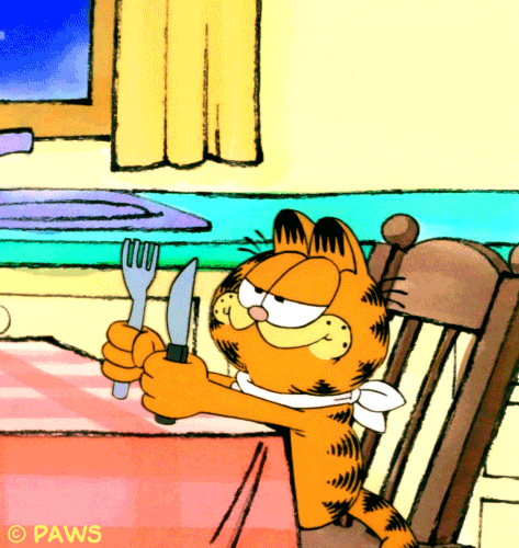 Garfield жестом предвкушает еду - гифки и картинки