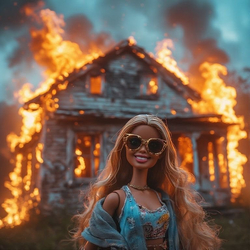 Кукла перед горящим домом - картинка gif