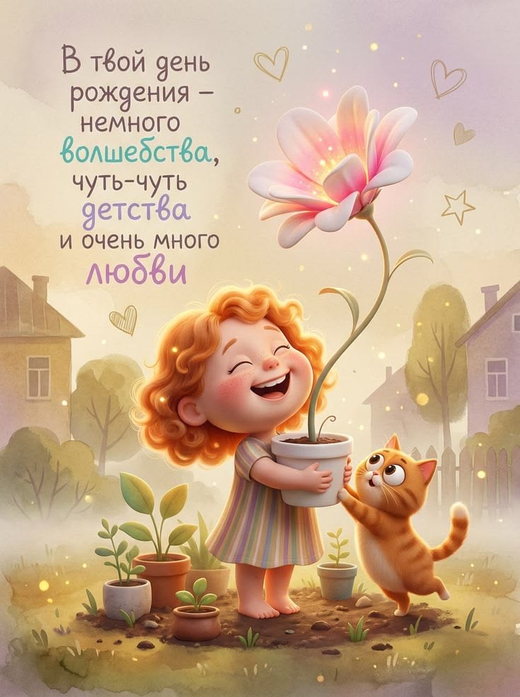 Счастливая девочка, кот, цветок - С днем рождения общие