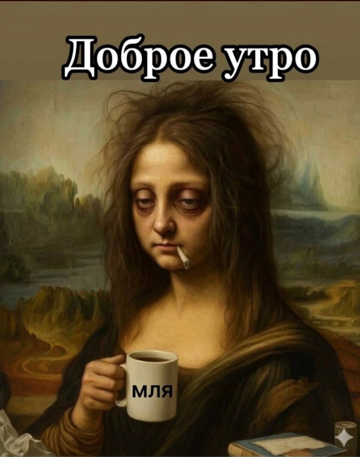 Уставшая женщина пьет кофе - С добрым утром смешные