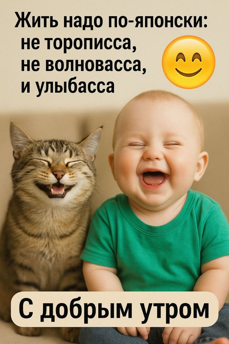 Улыбающийся кот и младенец - С добрым утром смешные