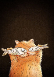 Рыжий кот и рыба - картинка gif